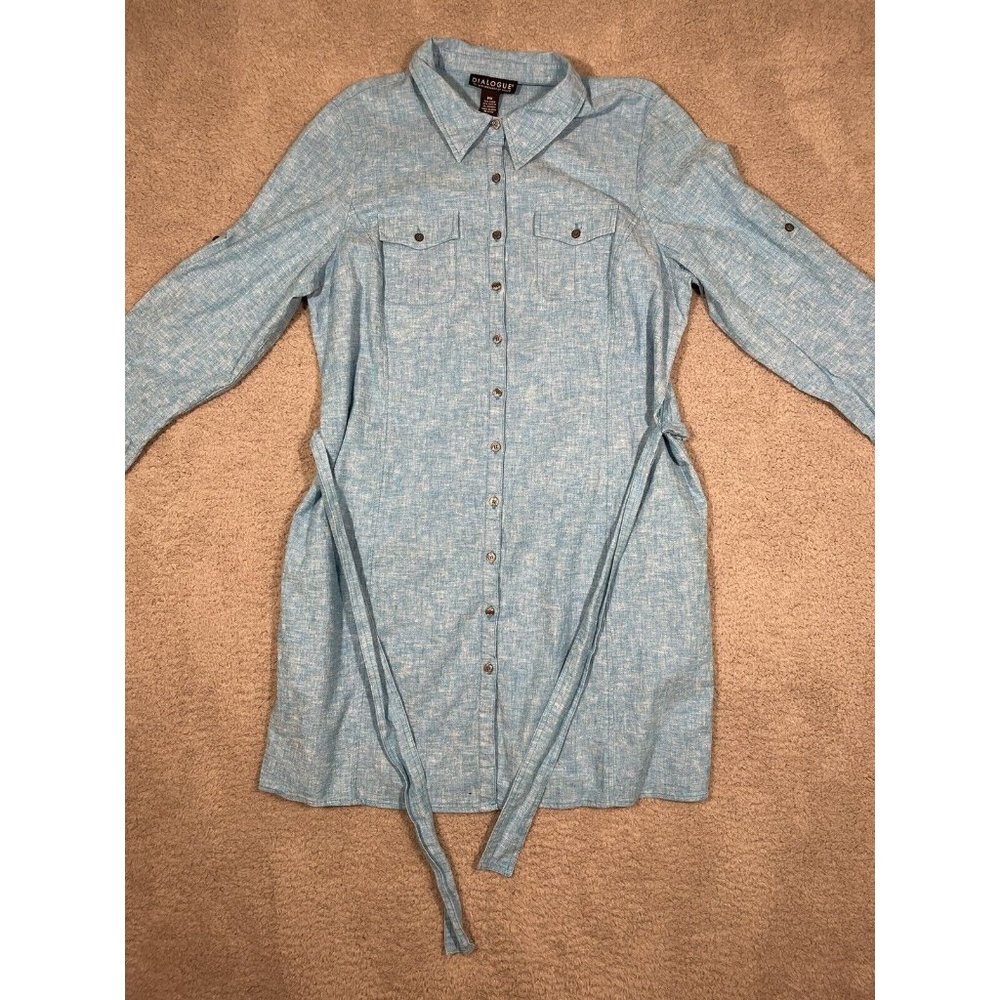 Dialogue Womens Linen Blend Blue Roll Tab Sleeve Collared Dress Belted‎ Size 1XP